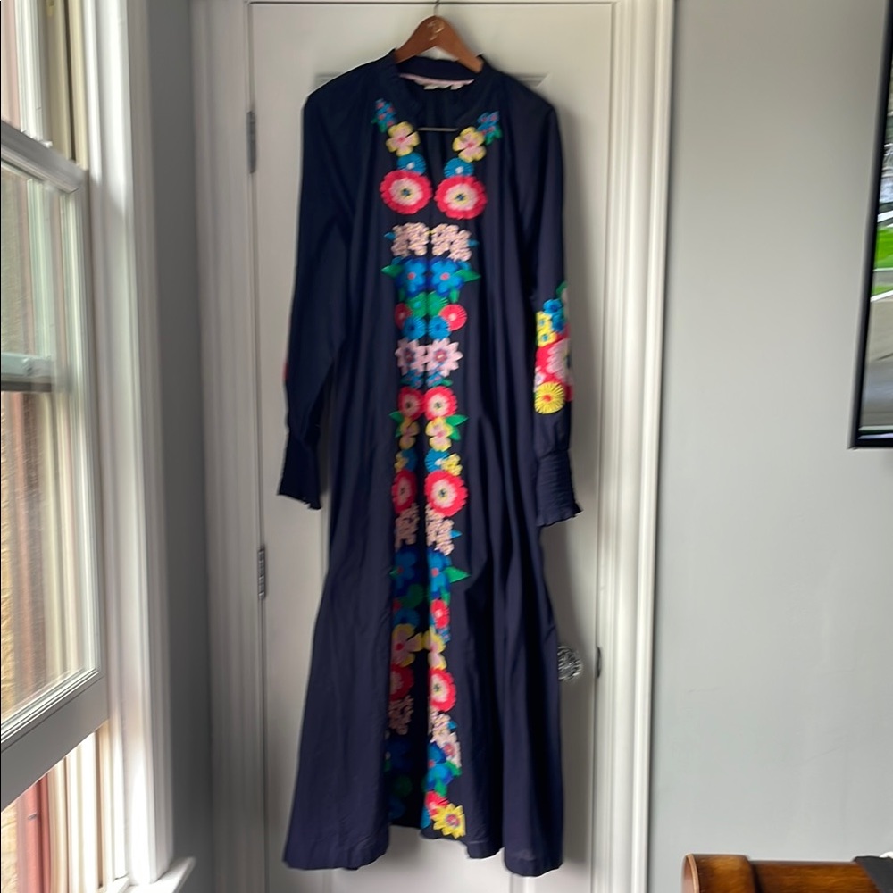 Boden US 16/18 Floral Embroidered Navy Caftan Dress